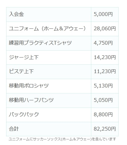 クラブチーム費用参考